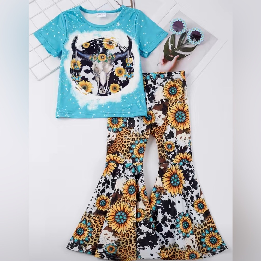 Girls Boutique Western Cow Skull Floral Graphic Top & Bell Bottom Pants Set